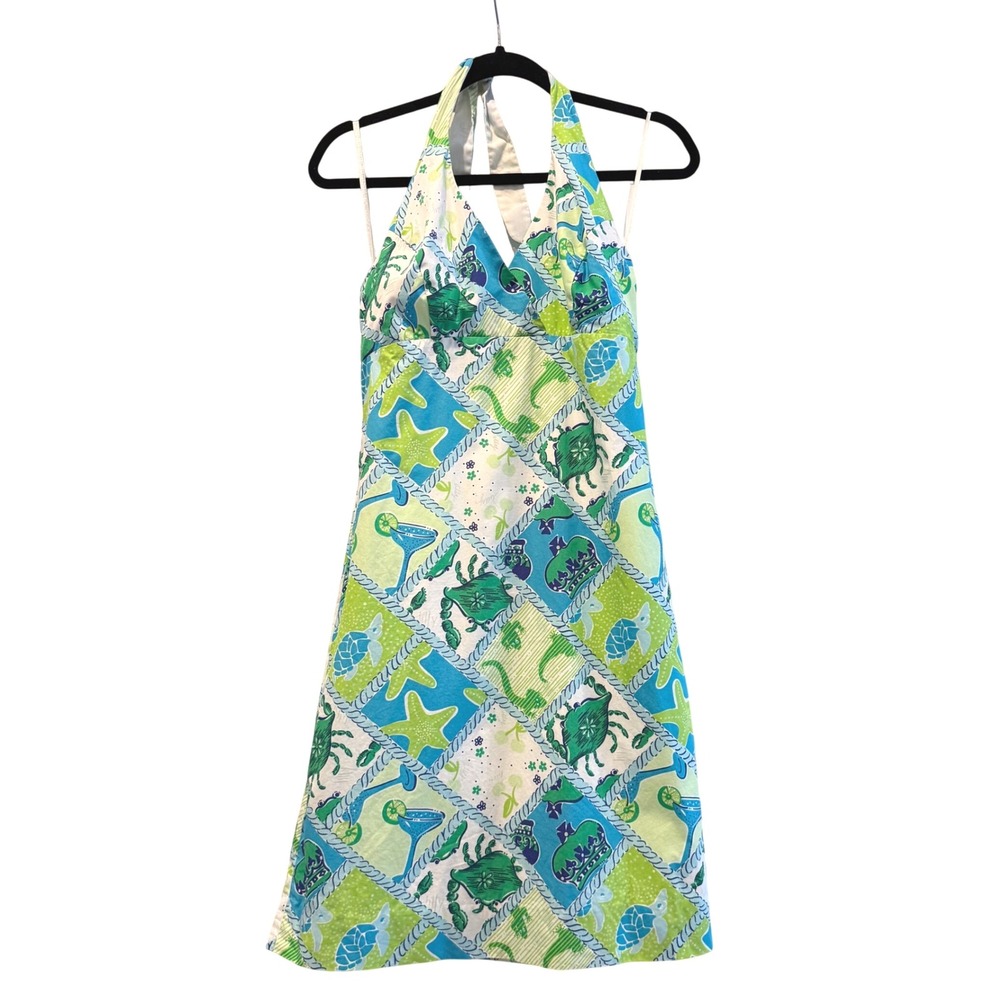 Lilly Pulitzer Green & Blue Halter Sea Life Patchwork Midi Dress